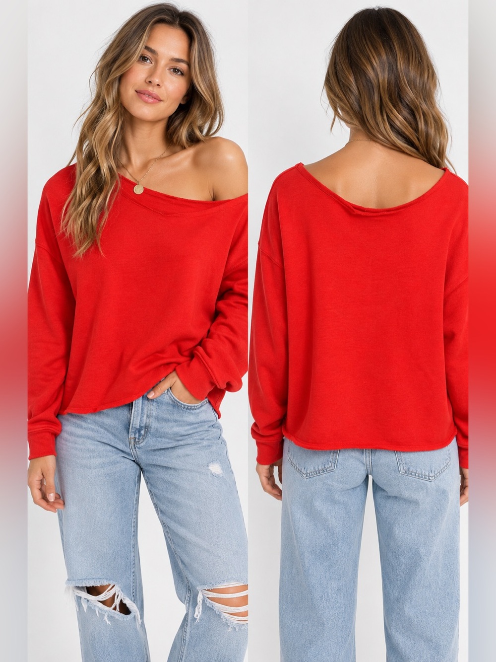 Universal Thread Red Off Shoulder Sweatshirt Raw Edge NWT Size Medium